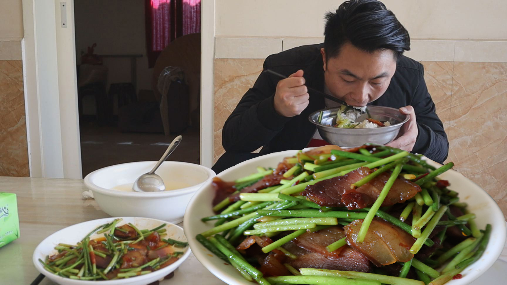 蒜苔炒腊肉,从地里抽的新鲜蒜苔,用腊肉一起炒,下饭吃着爽得很